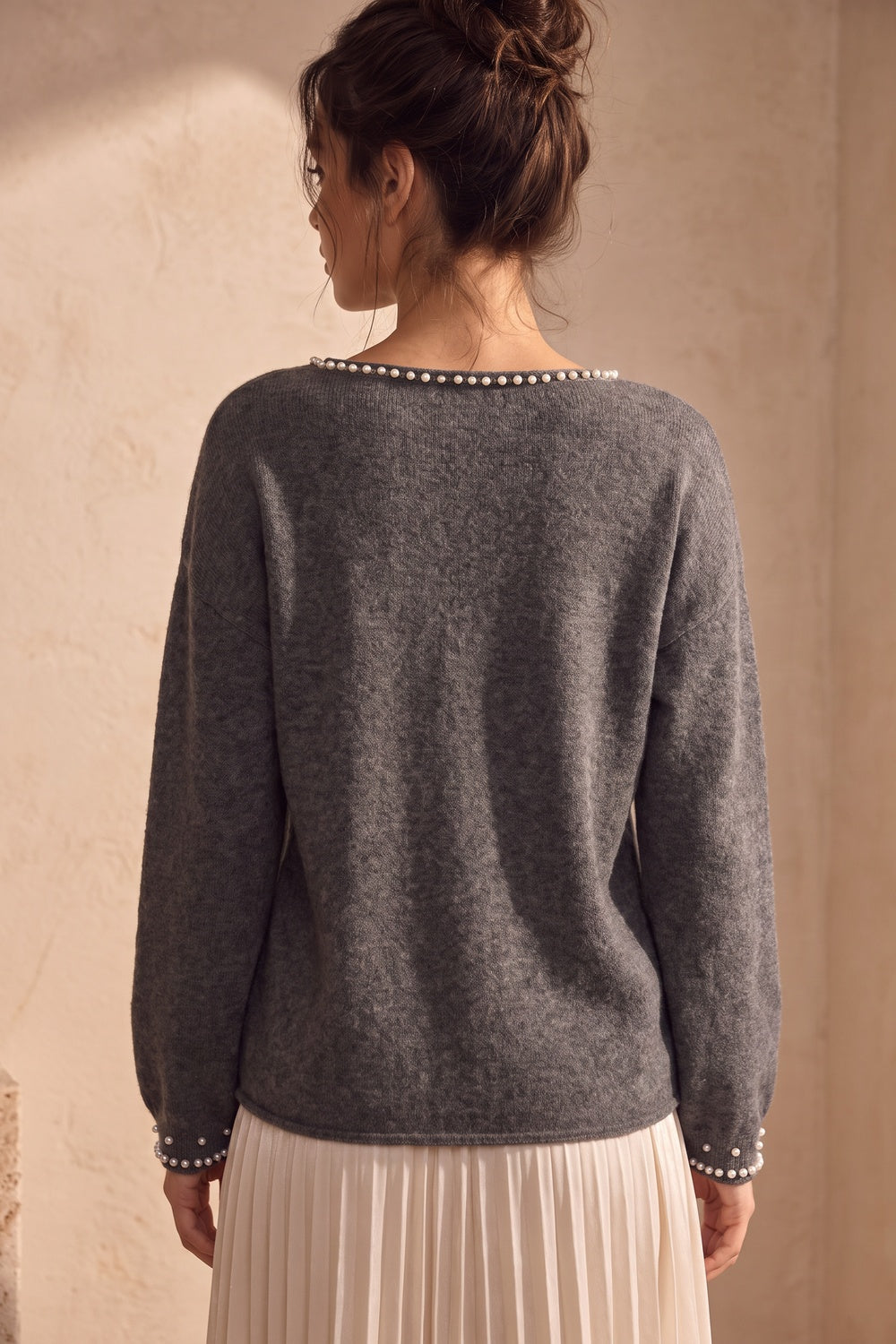 Charcoal Grey Fine-Knit Sweater with Pearl Bead Trim charcoal grey fine knit sweater - product view 3