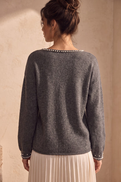 Charcoal Grey Fine-Knit Sweater with Pearl Bead Trim charcoal grey fine knit sweater - product view 3