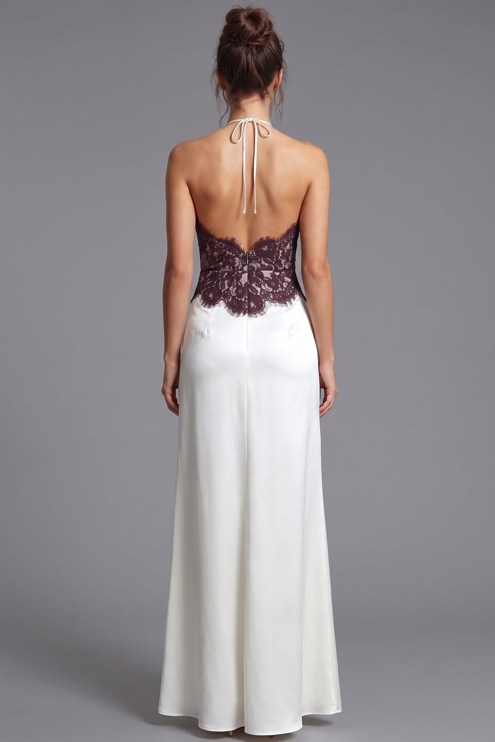Dark Plum Lace Bodice Satin Column Dress in Ivory ivory satin dress - product view 3