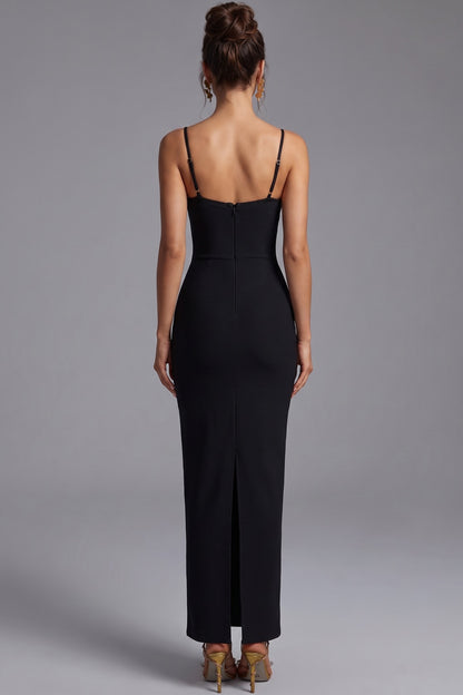 Black Heavy Knit Crepe Column Maxi Dress with Gold Butterfly Embellishment black heavy knit crepe maxi dress - product view 3