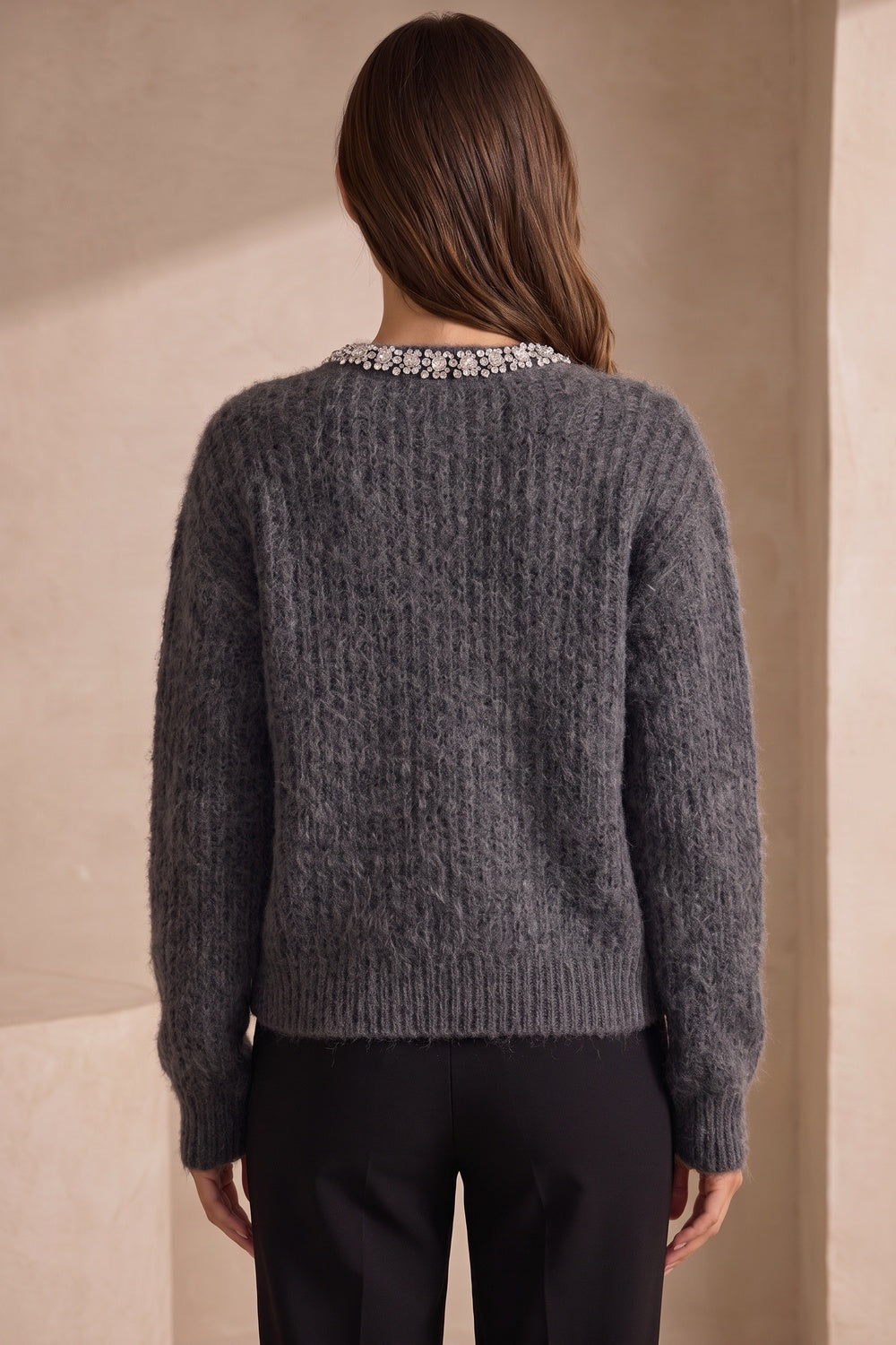 Charcoal Grey Fuzzy Mohair-Style Knit Relaxed Boxy Cardigan charcoal grey fuzzy mohair-style knit cardigan - product view 3