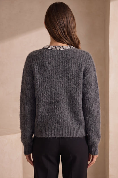 Charcoal Grey Fuzzy Mohair-Style Knit Relaxed Boxy Cardigan charcoal grey fuzzy mohair-style knit cardigan - product view 3