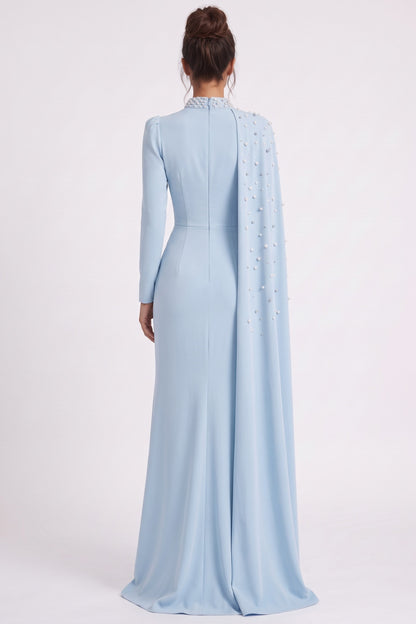 Light Blue Crepe Column with Asymmetrical Cape Evening Gown light blue crepe evening gown - product view 3