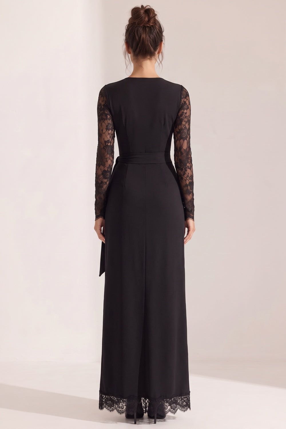 Asymmetrical Wrap Maxi Dress in Black Opaque Crepe with Floral Lace Panels black opaque black crepe dress - product view 3