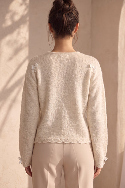 Cream Mohair-Blend Knit Sweater with Pearl and Ribbon Details cream, off-white mohair-blend knit sweater - product view 3