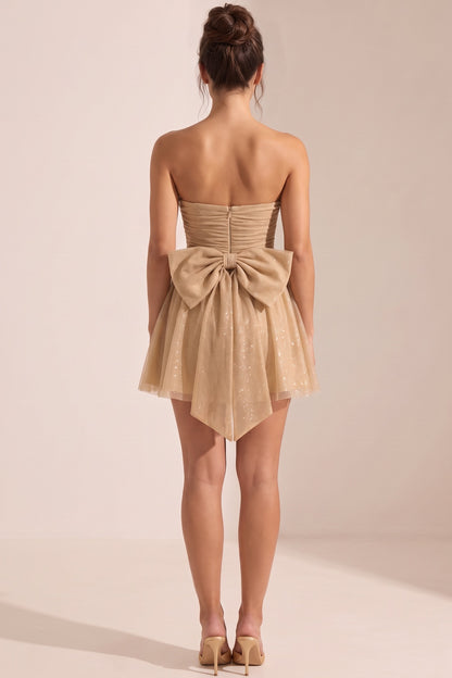 Gold Tulle Mesh Overlay Fit-and-Flare Mini Dress gold, champagne tulle mesh overlay dress - product view 3