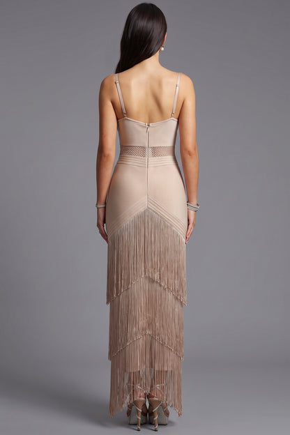 Beige Heavy Stretch Knit Bandage Fabric Bodycon Column Dress beige, nude heavy stretch knit bandage fabric dress - product view 3