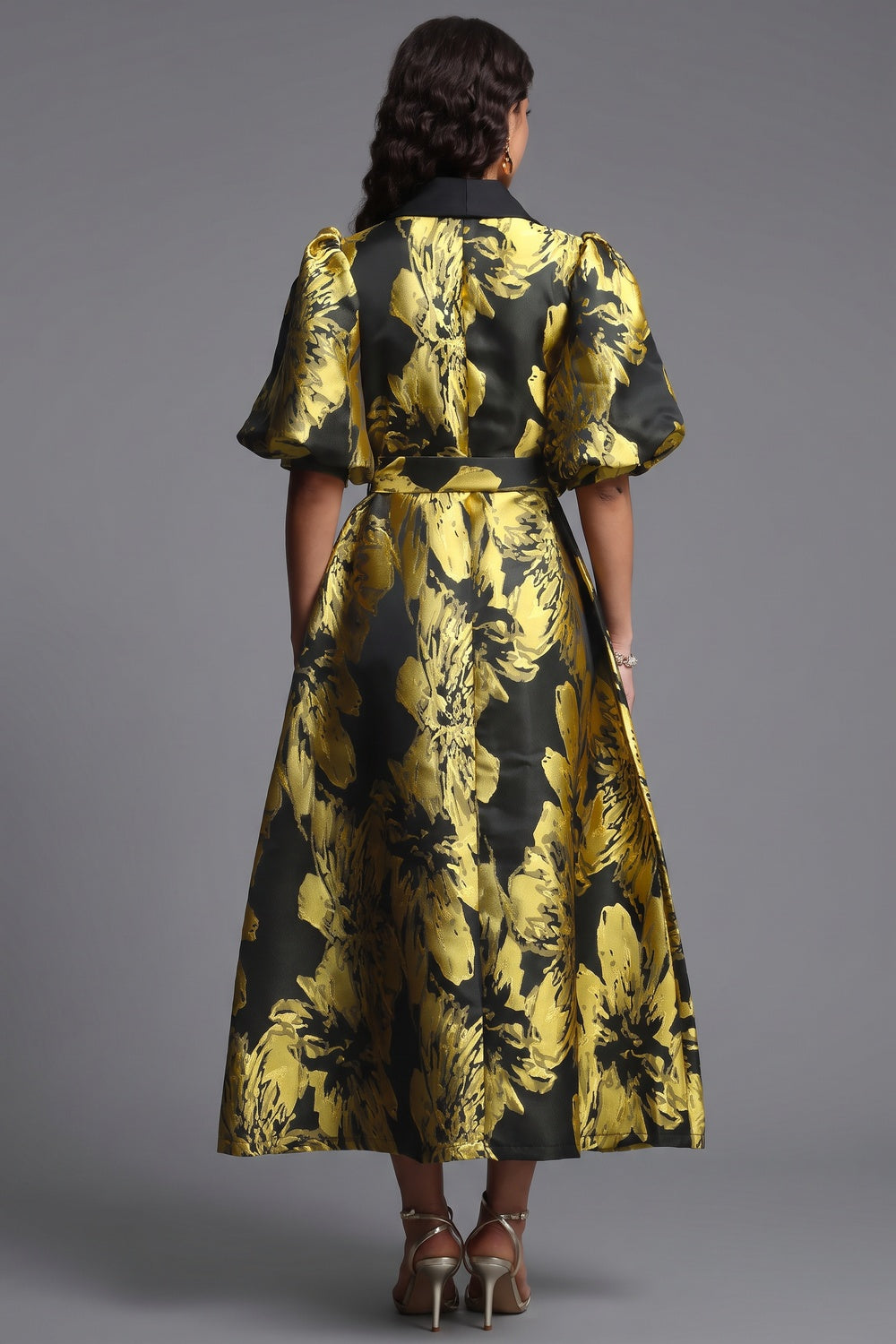 Gold Floral Jacquard A-Line Midi Dress with Contrasted Collar gold, black jacquard dress - product view 3