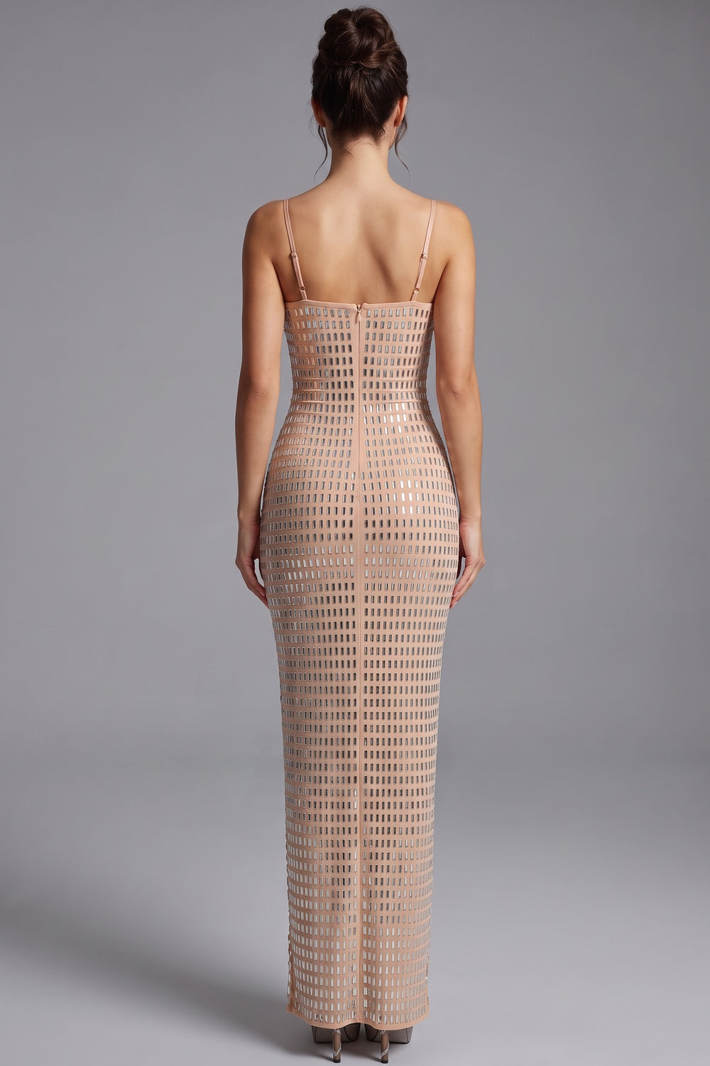 Nude Mesh Column Dress with Silver Grid & Black Bow nude mesh dress - product view 3