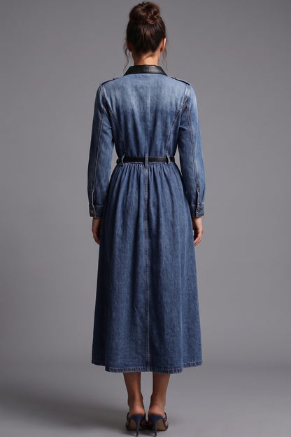 Medium Blue Denim A-Line Shirt Dress with Contrast Collar medium blue denim shirt dress - product view 3
