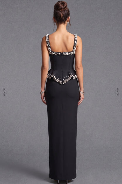 Black Heavy Crepe Column Gown with Structured Peplum and Pearl Embellishments black heavy crepe gown - product view 3