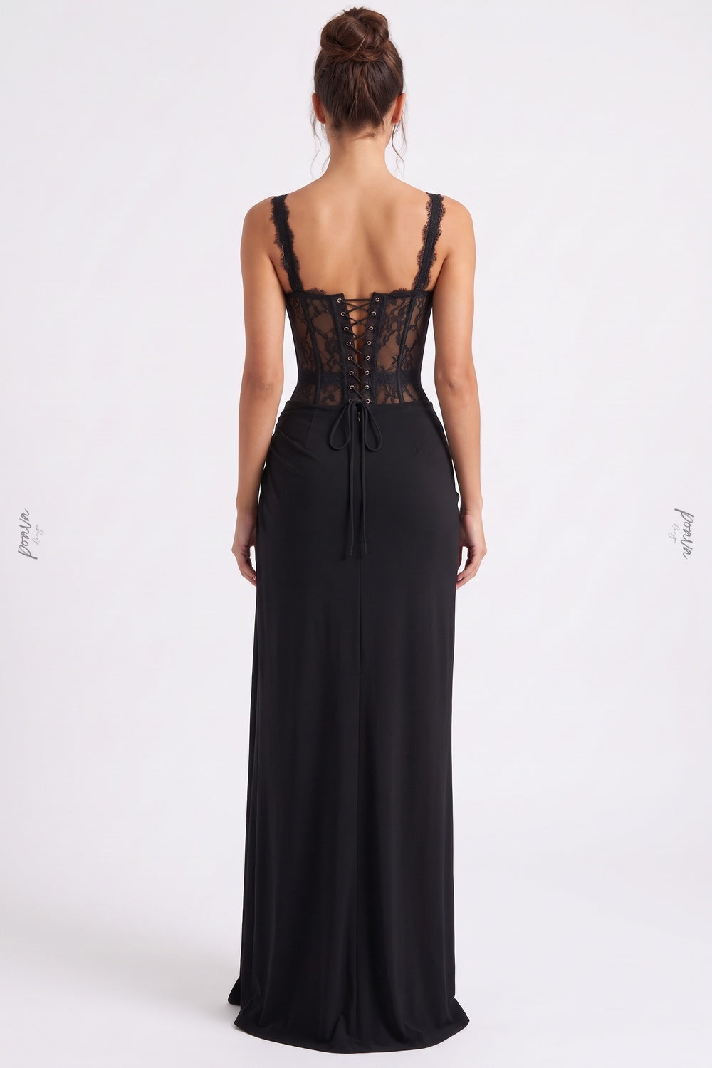 Black Lace Corset Evening Gown with High Slit black lace evening gown - product view 3