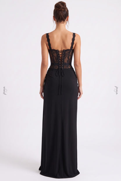 Black Lace Corset Evening Gown with High Slit black lace evening gown - product view 3