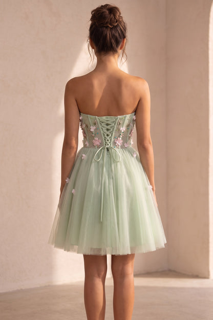 Light Sage Green Tulle A-Line Fit-and-Flare Dress with 3D Floral Appliques light sage green tulle dress - product view 3