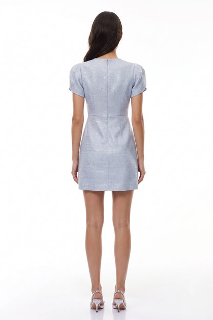 Light Blue Tweed Mini Dress with Crystal Neckline light blue tweed dress - product view 3