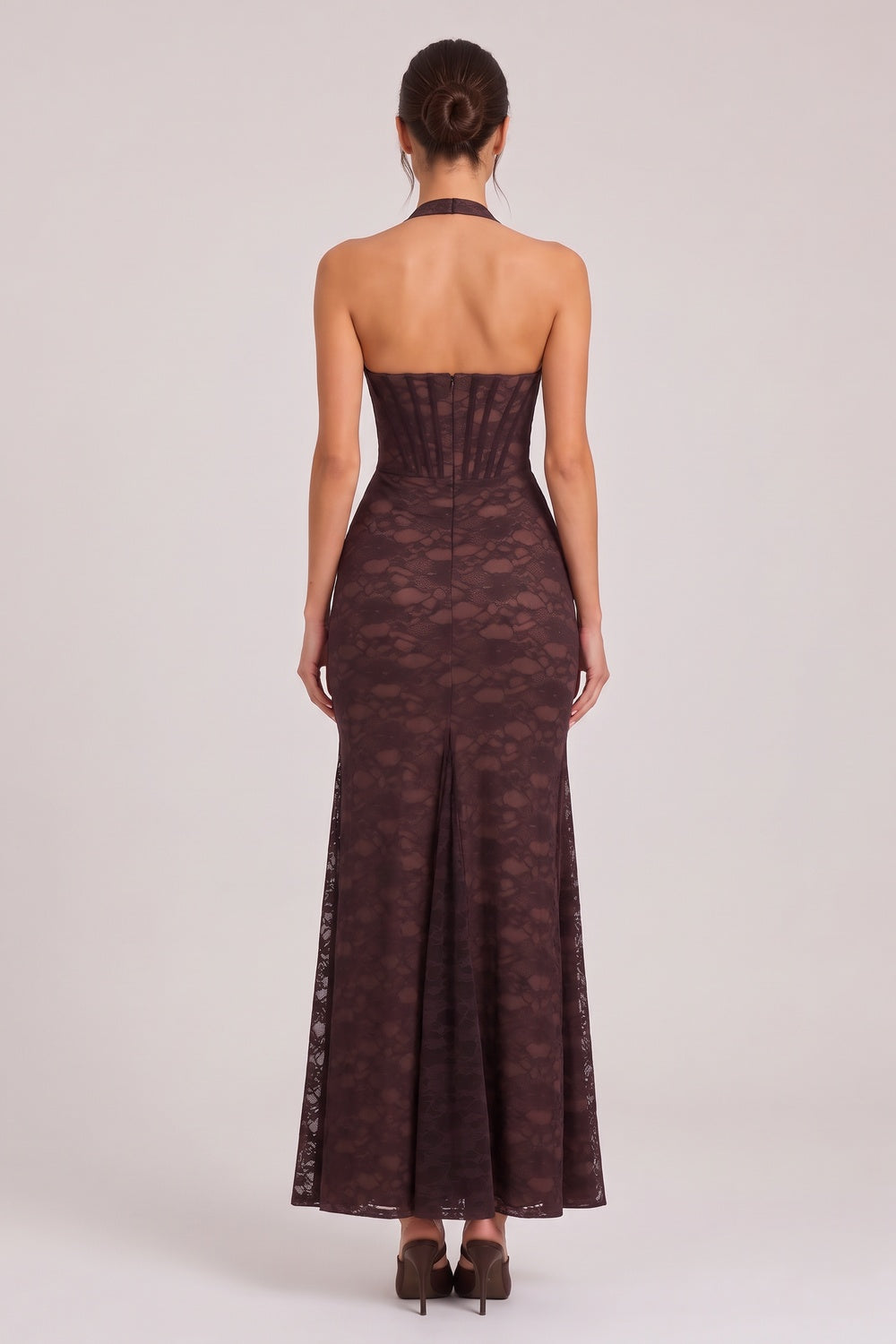 Dark Brown Floral Lace Mermaid Maxi Dress with Corset Bodice dark brown floral lace dress - product view 3