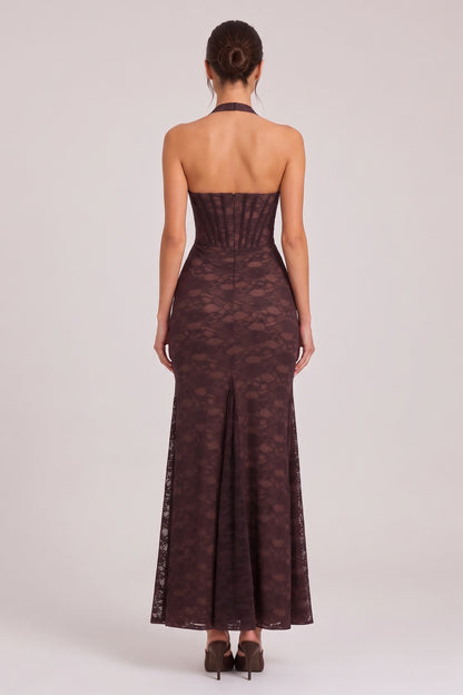 Dark Brown Floral Lace Mermaid Maxi Dress with Corset Bodice dark brown floral lace dress - product view 3