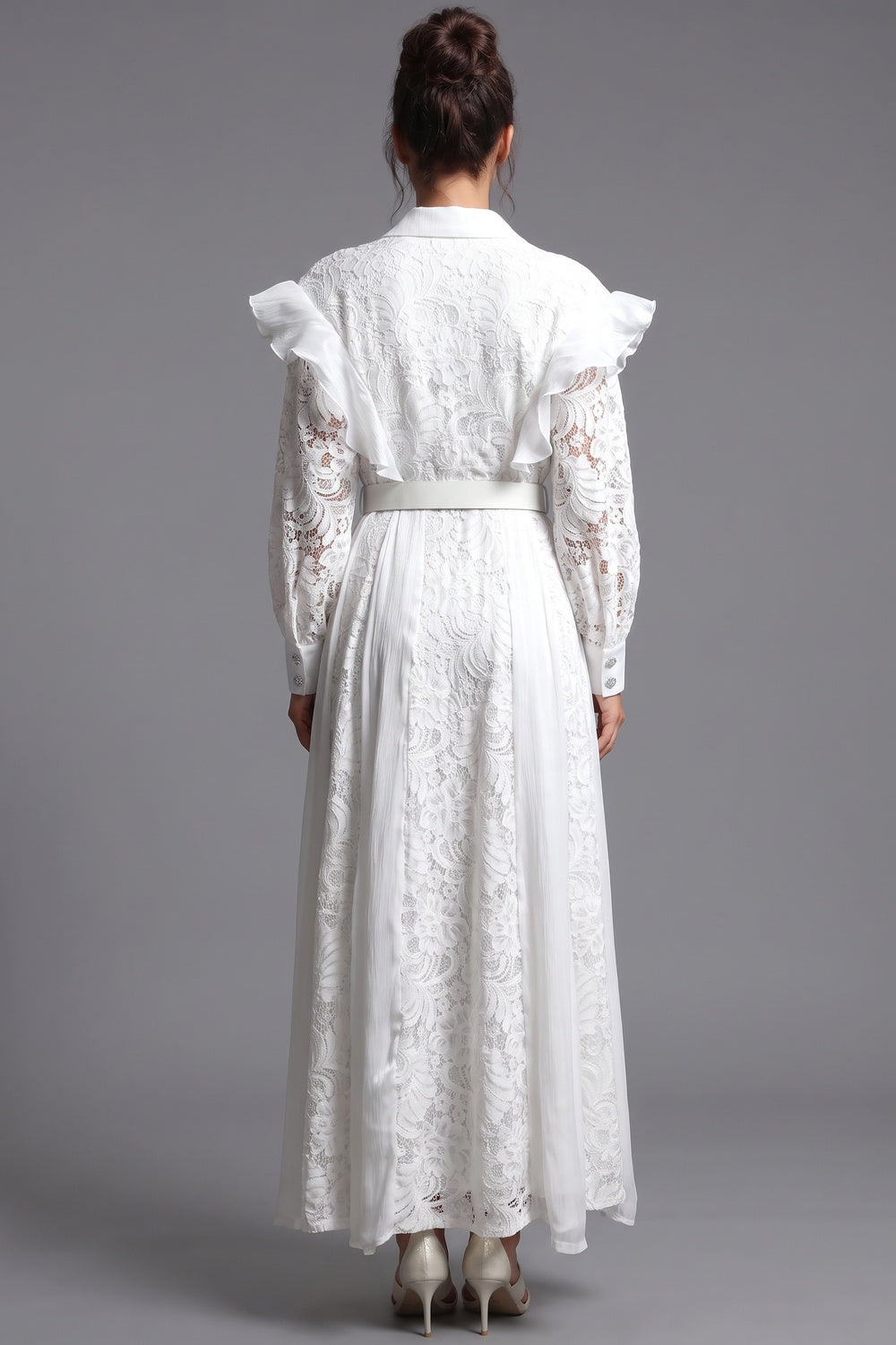 White Floral Lace A-Line Maxi Shirt Dress white floral lace shirt dress - product view 3