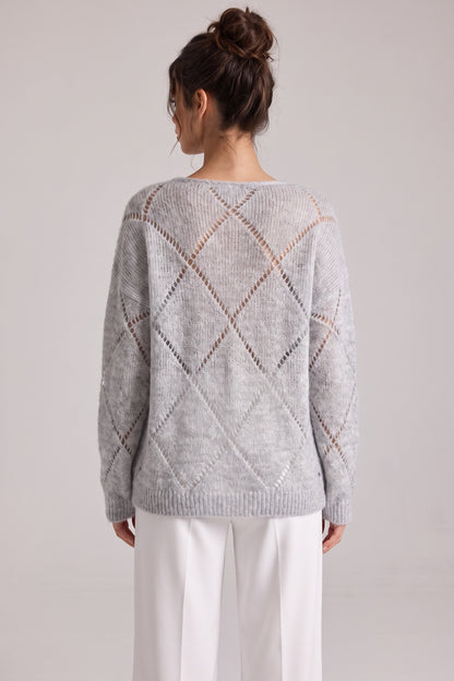Light Grey Sequin Diamond Oversized Mohair-Blend Sweater light grey fuzzy mohair-blend knit sweater - product view 3