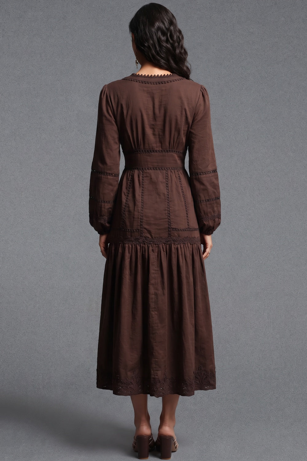 Chocolate Brown Cotton A-Line Tiered Midi Dress with Lace Inserts chocolate brown cotton woven dress - product view 3