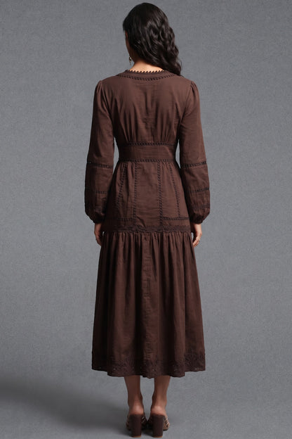 Chocolate Brown Cotton A-Line Tiered Midi Dress with Lace Inserts chocolate brown cotton woven dress - product view 3