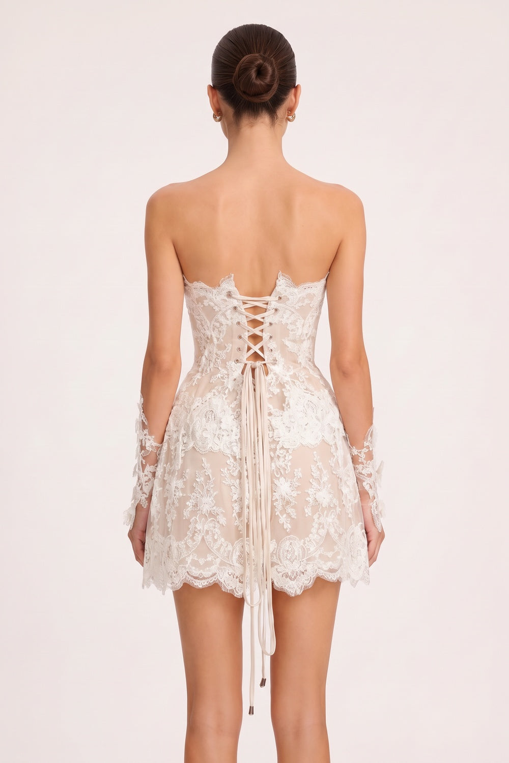 White Floral Lace Fit-and-Flare Corset Mini Dress with Detached Sleeves white floral lace mini dress with detached sleeves - product view 3