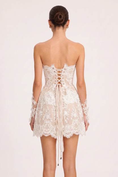 White Floral Lace Fit-and-Flare Corset Mini Dress with Detached Sleeves white floral lace mini dress with detached sleeves - product view 3
