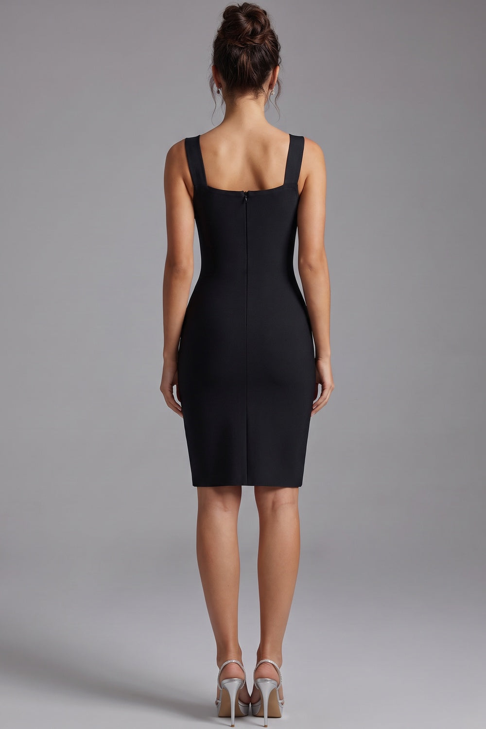 Black Heavy Stretch Knit Sheath Dress with Silver Floral Embellishments black heavy stretch knit dress - product view 3