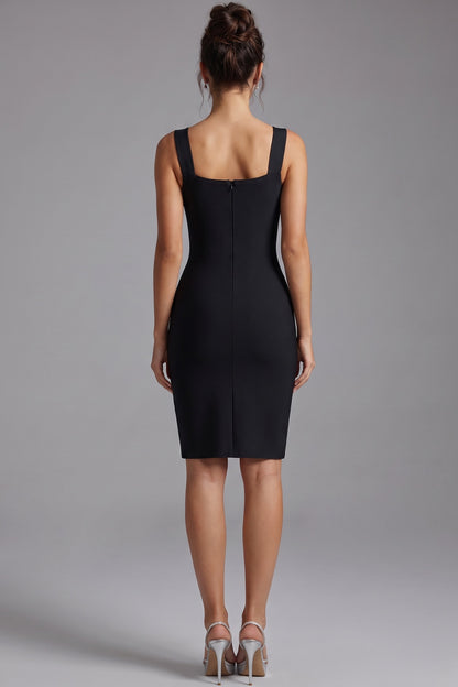 Black Heavy Stretch Knit Sheath Dress with Silver Floral Embellishments black heavy stretch knit dress - product view 3