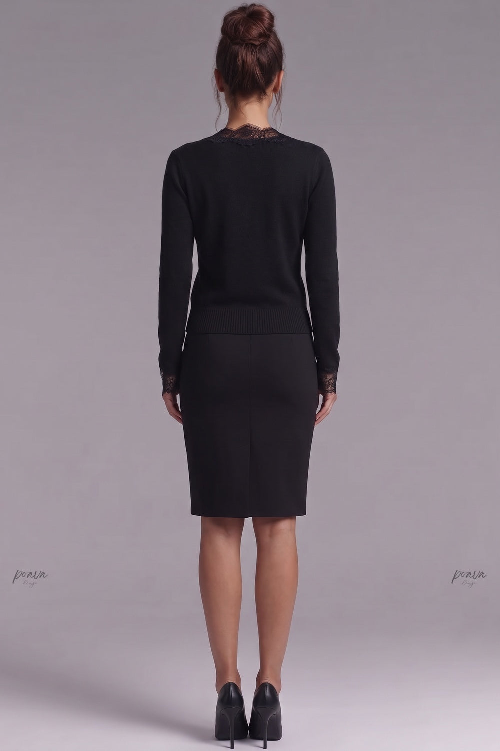 Black Fine Knit Fitted Cardigan with Lace Trim black fine knit cardigan - product view 3