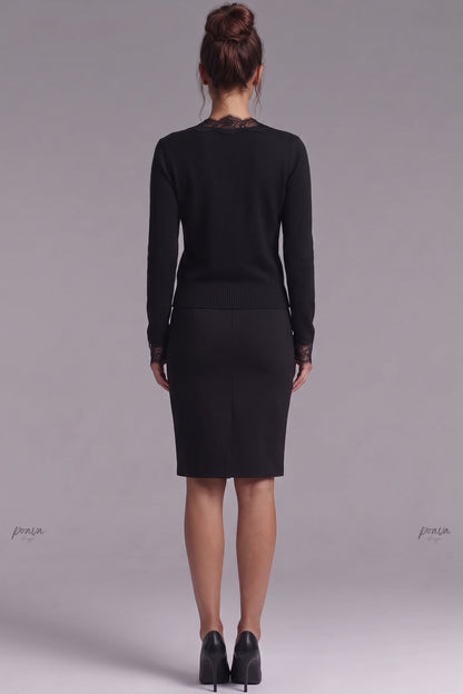 Black Fine Knit Fitted Cardigan with Lace Trim black fine knit cardigan - product view 3
