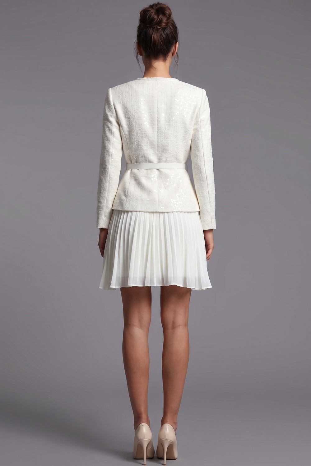 Off-White Tweed Skirt Suit Set with Peplum Jacket and Pleated Mini Skirt off-white, cream tweed skirt suit set - product view 3