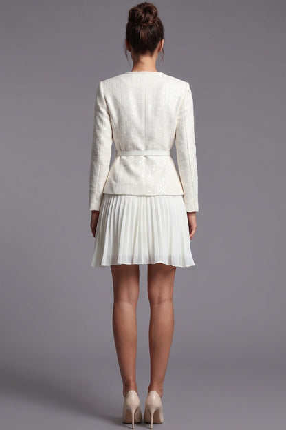 Off-White Tweed Skirt Suit Set with Peplum Jacket and Pleated Mini Skirt off-white, cream tweed skirt suit set - product view 3