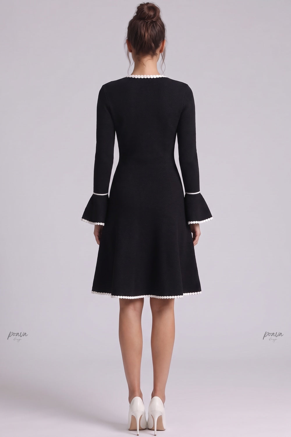 Black Heavy Compact Knit Fit-and-Flare Dress with White Scalloped Trim black heavy compact knit dress - product view 3