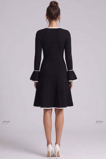 Black Heavy Compact Knit Fit-and-Flare Dress with White Scalloped Trim black heavy compact knit dress - product view 3