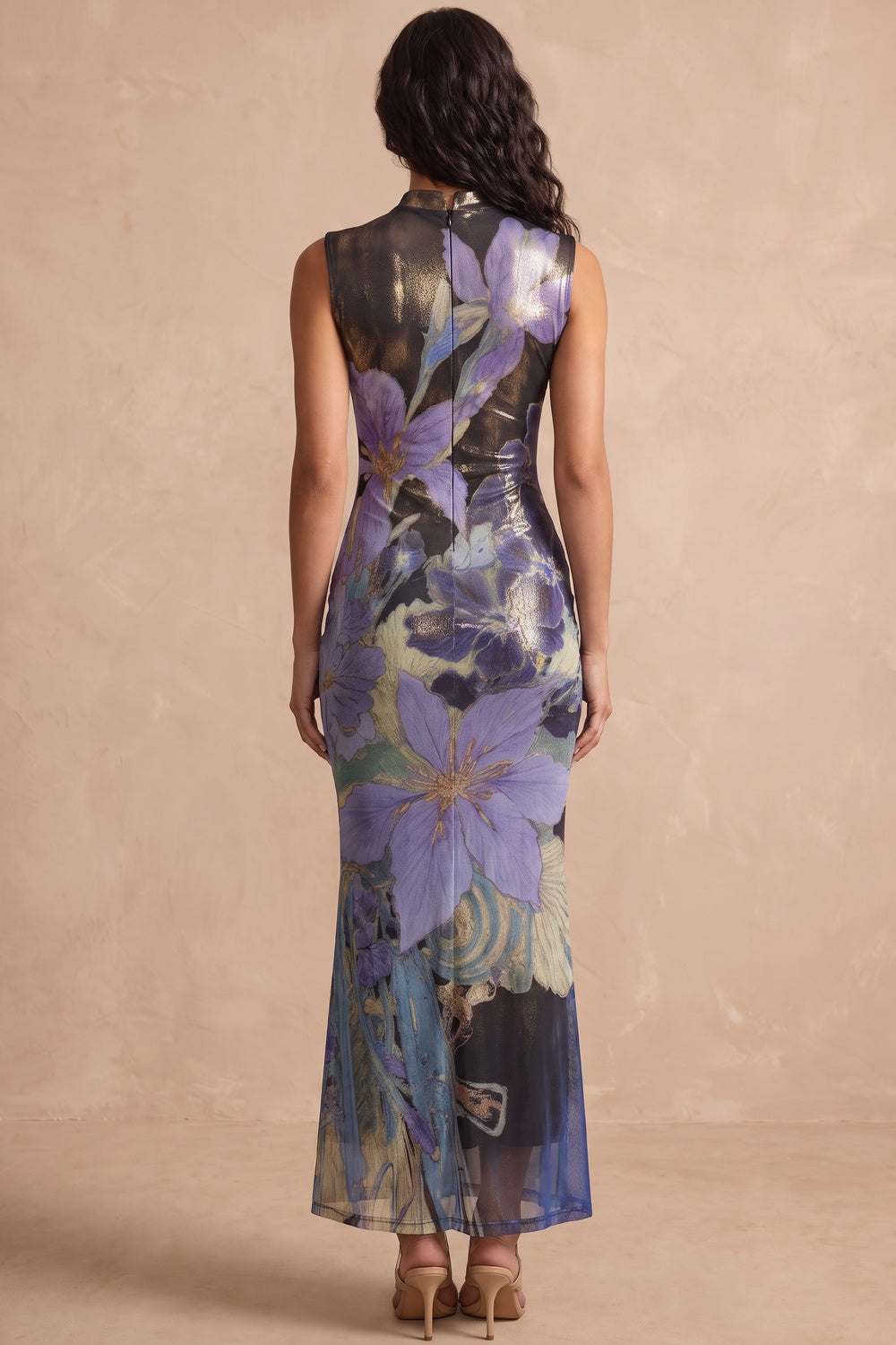 Black Printed Mesh Sheath Maxi Dress with Keyhole Neckline black, purple printed mesh maxi dress - product view 3