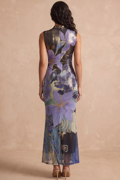 Black Printed Mesh Sheath Maxi Dress with Keyhole Neckline black, purple printed mesh maxi dress - product view 3
