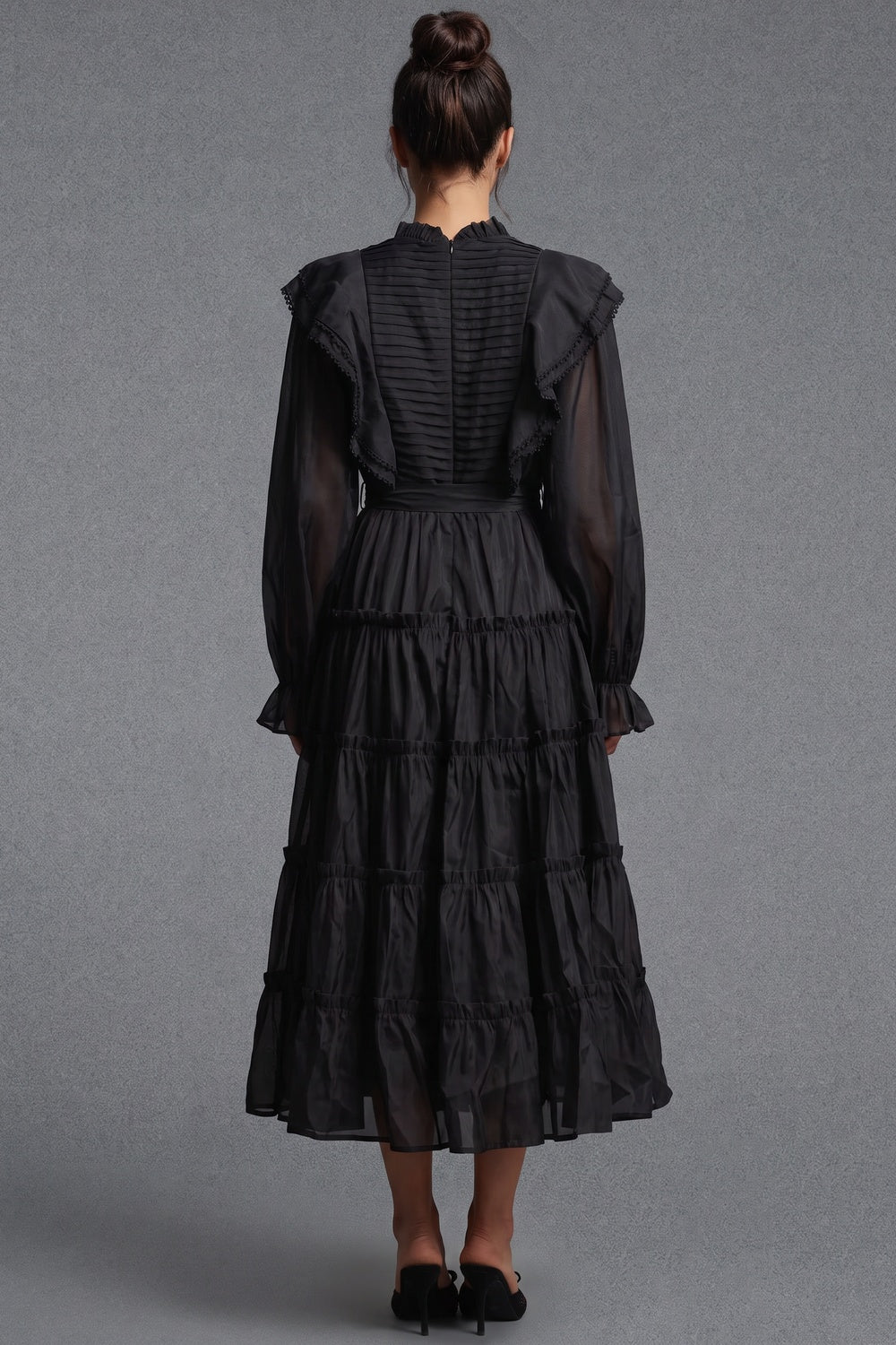 Black Tiered A-Line Midi Dress with Bishop Sleeves black lightweight semi-sheer woven fabric dress - product view 3