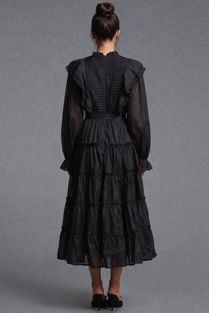 Black Tiered A-Line Midi Dress with Bishop Sleeves black lightweight semi-sheer woven fabric dress - product view 3