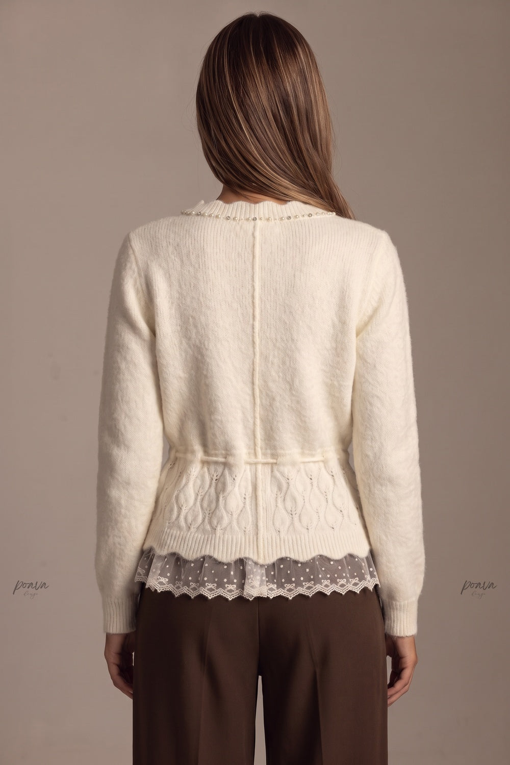 Cream Fuzzy Knit Wool Blend Peplum Cardigan with Lace Hem cream, ivory fuzzy knit wool blend cardigan - product view 3
