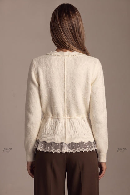 Cream Fuzzy Knit Wool Blend Peplum Cardigan with Lace Hem cream, ivory fuzzy knit wool blend cardigan - product view 3