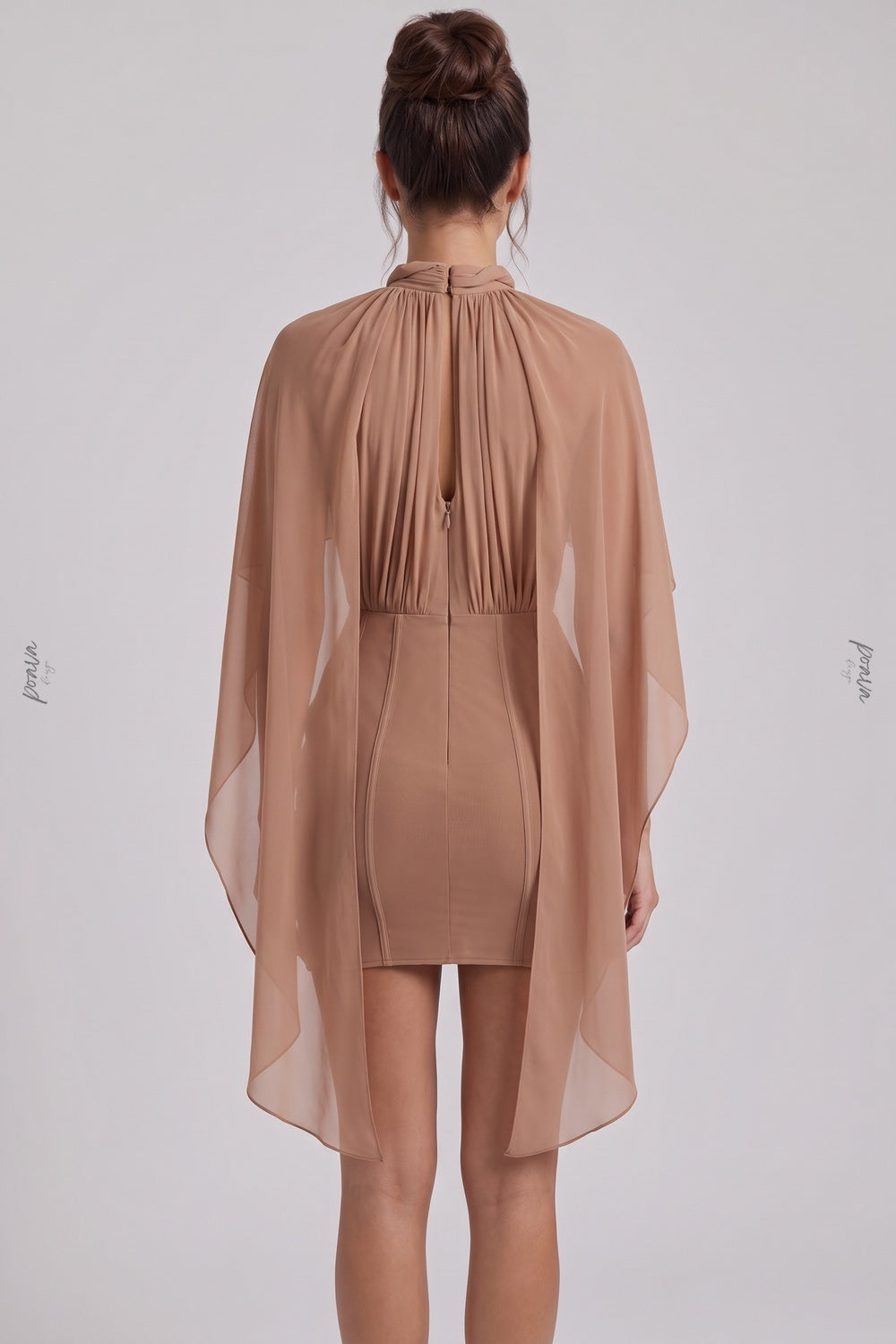 Nude Sheer Chiffon or Georgette Fitted Bodycon Under-Layer with Draped Cape Overlay Mini Dress nude, tan, taupe sheer chiffon or georgette mini dress - product view 2