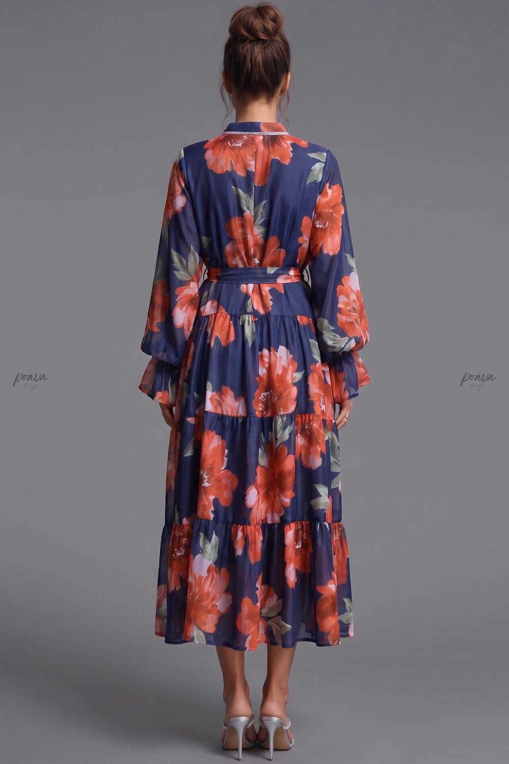 Navy Blue Tiered Chiffon Maxi Dress with Floral Print navy blue lightweight chiffon tiered maxi dress - product view 2