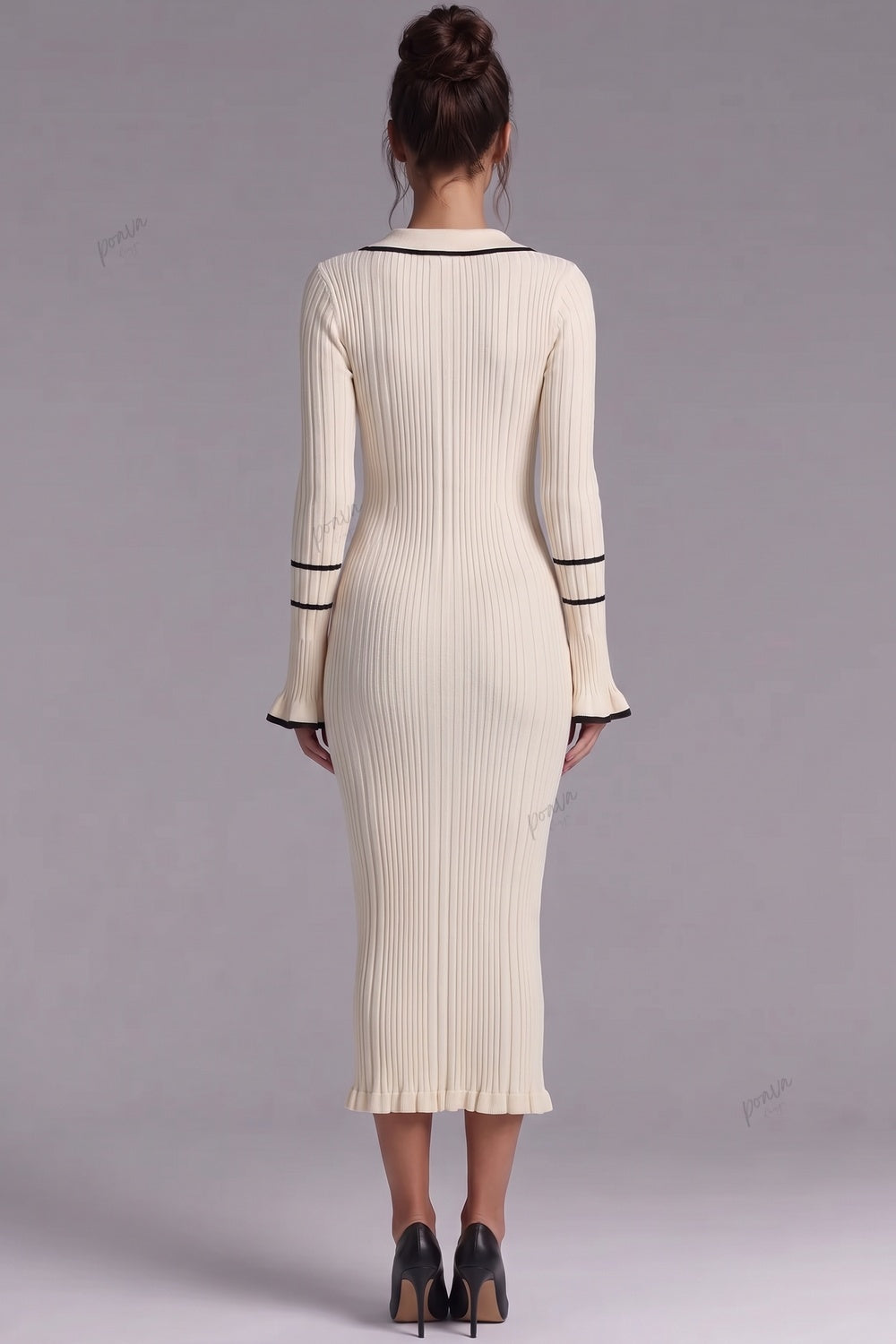 Cream Ribbed Knit Column Dress with Black Contrast Trim cream ribbed knit dress - product view 3