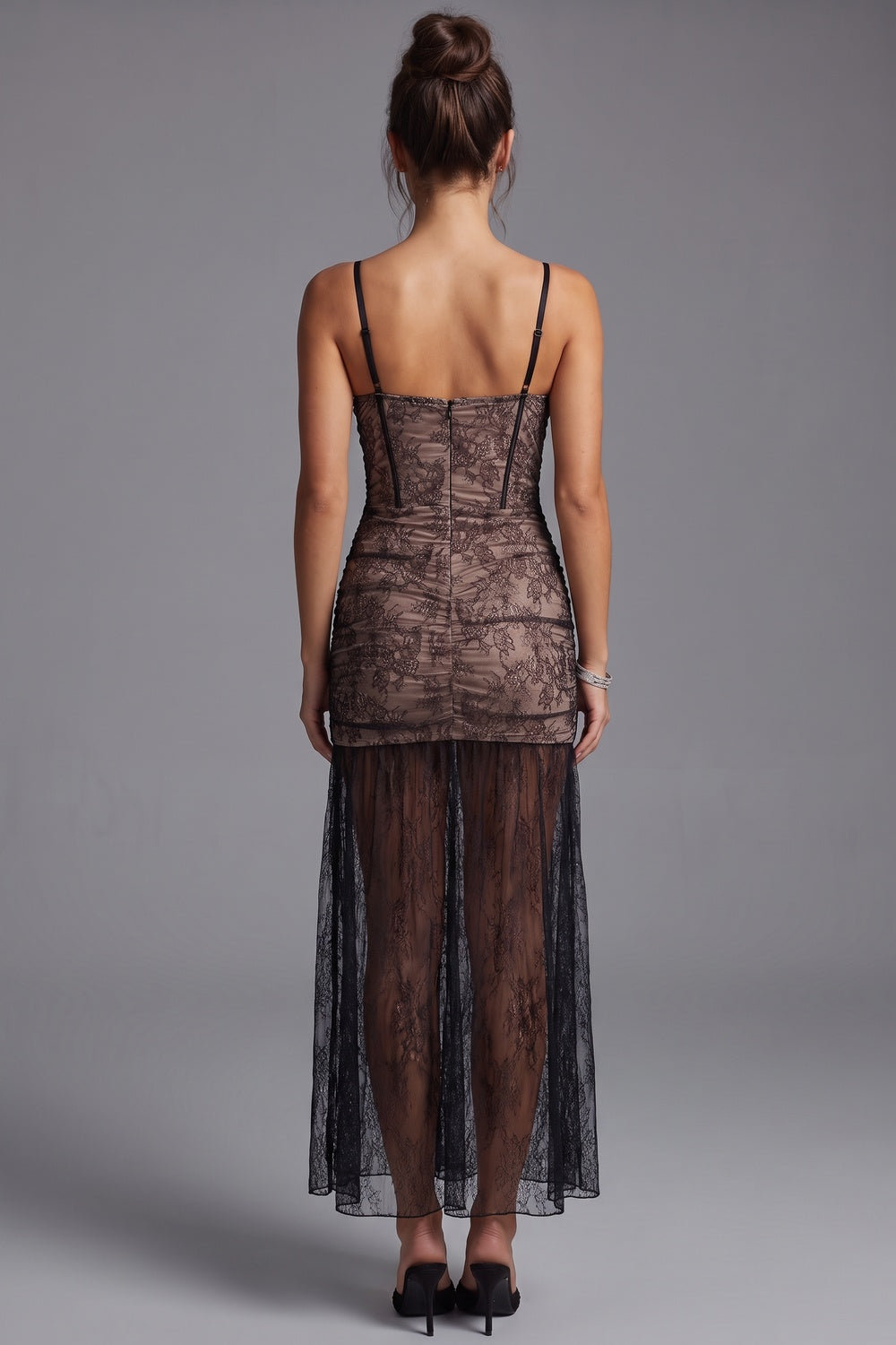 Black Floral Lace Fitted Bustier Maxi Dress with Sheer Skirt black, nude floral lace maxi dress - product view 3