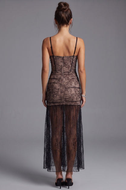 Black Floral Lace Fitted Bustier Maxi Dress with Sheer Skirt black, nude floral lace maxi dress - product view 3