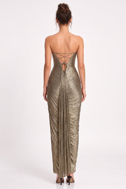 Antique Gold Metallic Plissé Lamé Column Gown antique gold, bronze metallic plissé lamé gown - product view 3