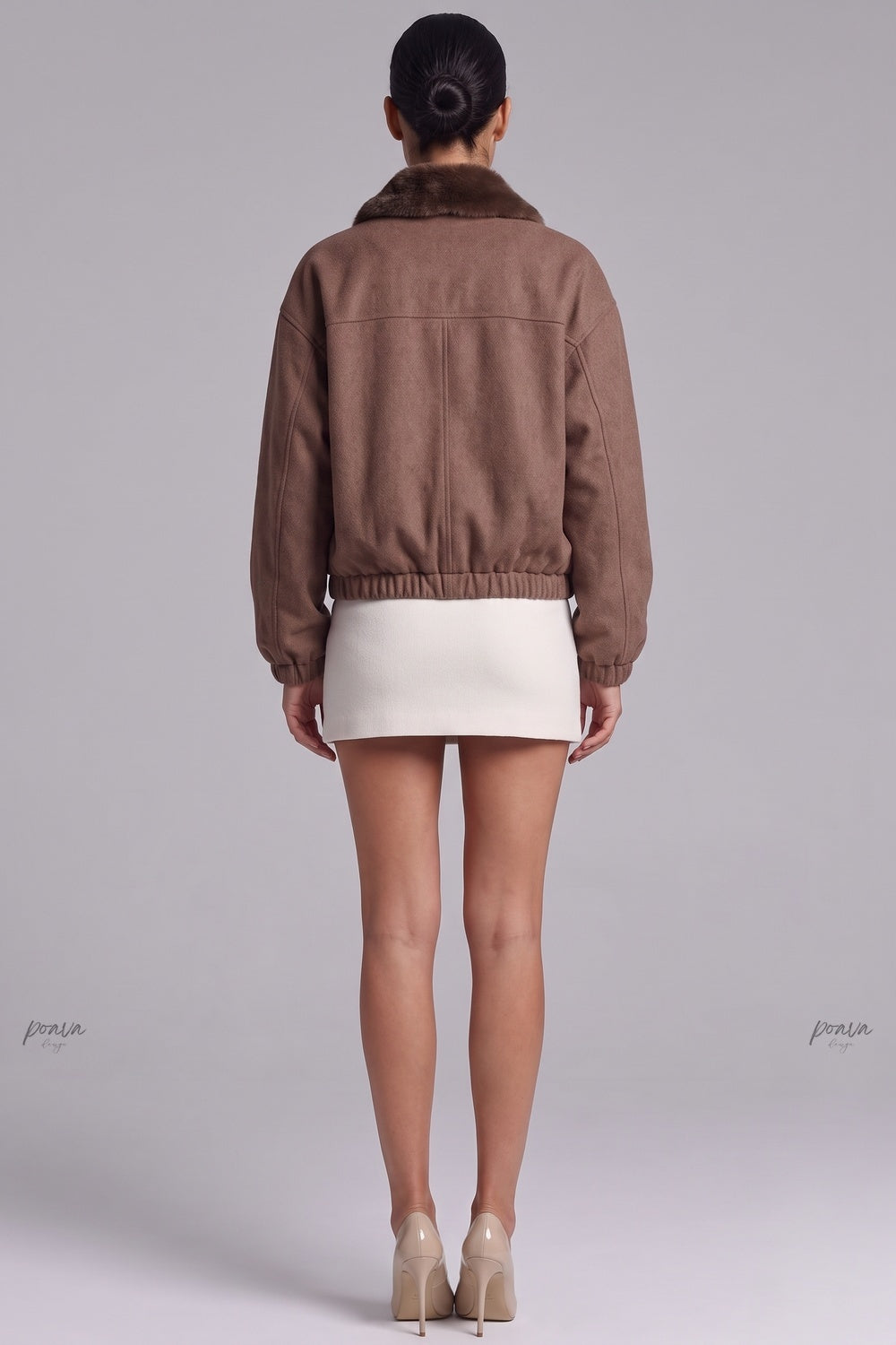 Medium Brown Boxy Bomber Jacket with Faux Fur Collar medium brown brushed woven fabric bomber jacket - product view 3