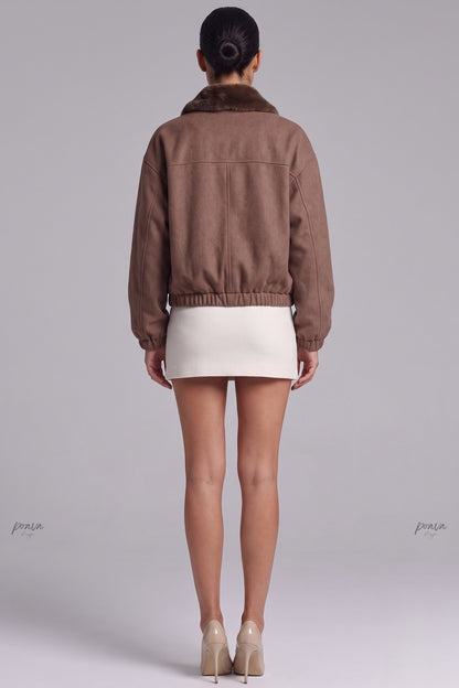 Medium Brown Boxy Bomber Jacket with Faux Fur Collar medium brown brushed woven fabric bomber jacket - product view 3