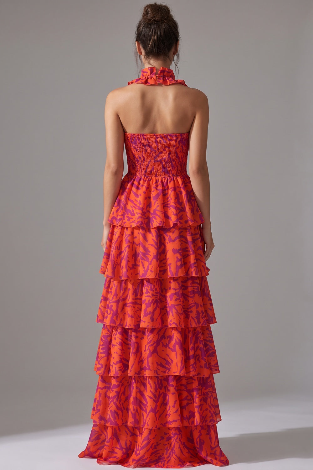Orange and Purple Abstract Painterly Tiered Halter Maxi Dress orange lightweight woven synthetic tiered halter maxi dress - product view 3